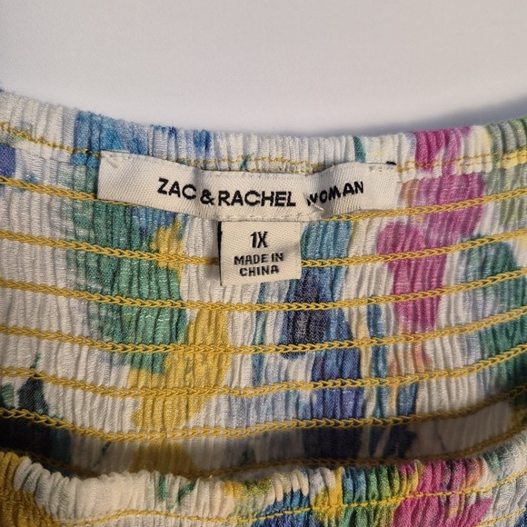 Zac & Rachel W 1X Plus Lightweight Boho Floral Airy Smocked Neck Flutter Sleeve - Picture 2 of 6